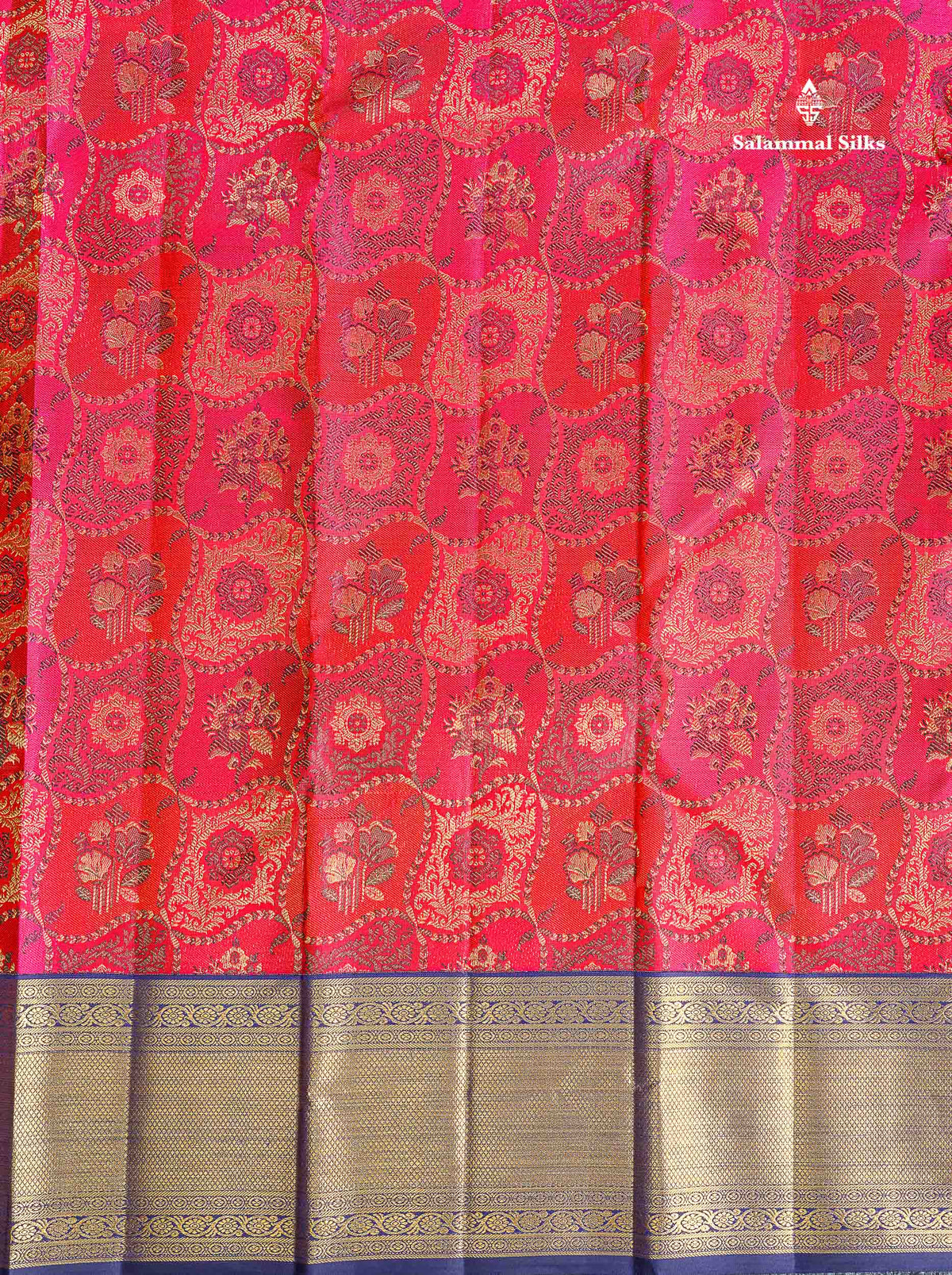 Korvai 2G Zari Pure Kanjivaram Silk Saree - Tomato Red Colour Body With Contrast Navy Blue Border