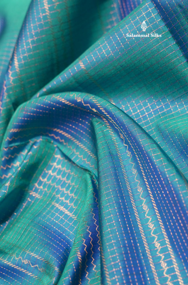 Peacock Blue Colour Small Checks Pure Kanjivaram Silk Saree With Royal Blue Long Border