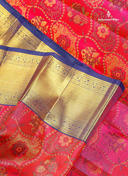 Korvai 2G Zari Pure Kanjivaram Silk Saree - Tomato Red Colour Body With Contrast Navy Blue Border