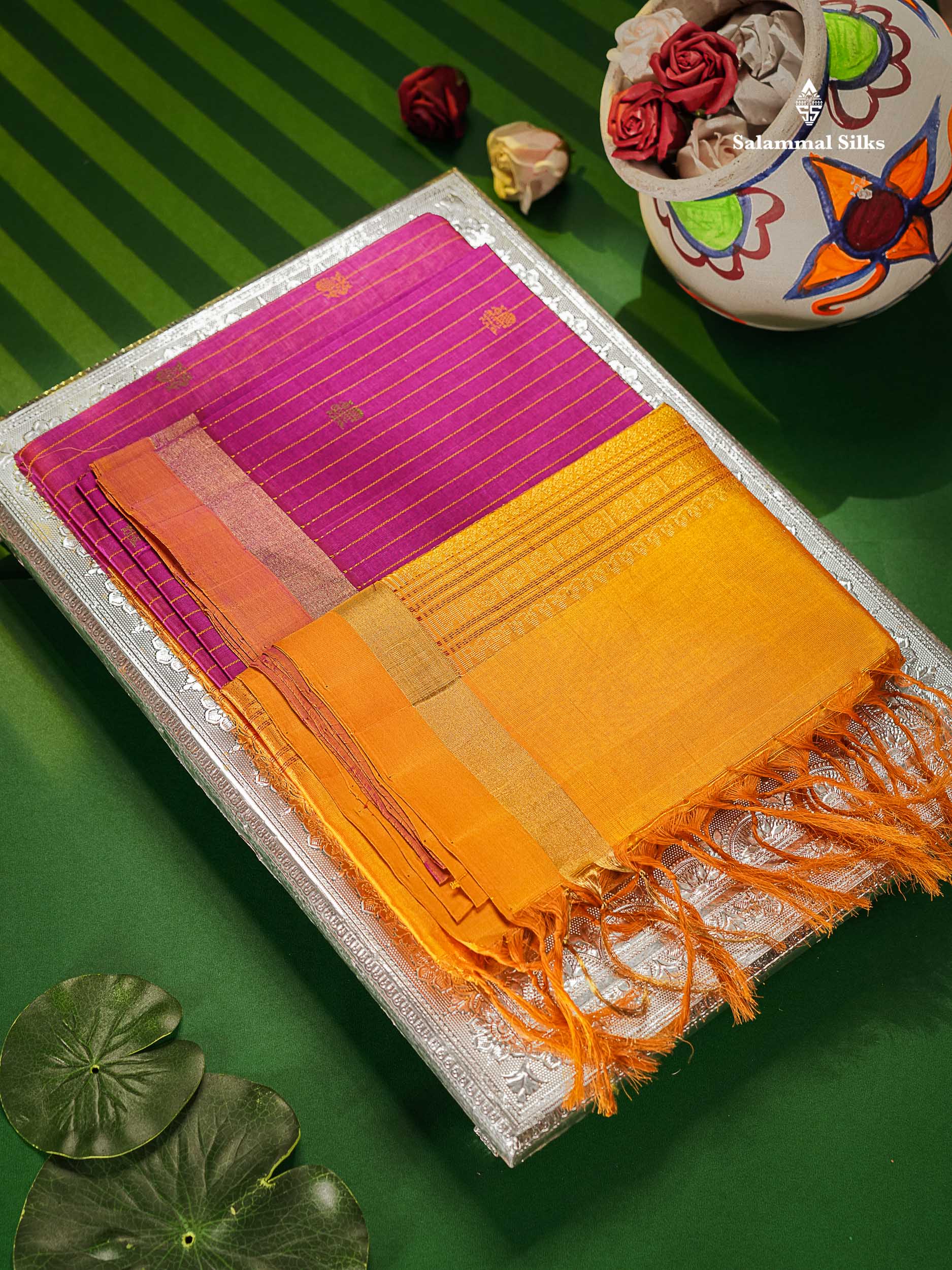 Pure Silk Cotton Saree - Magenta Pink Colour Body Vertical Line With Thread Butta & Mustard Yellow Blouse