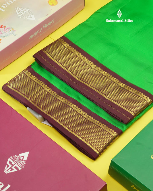 Beautiful Green 9Yards Pure Silk Saree With (3.6inch) Dark Brown Border