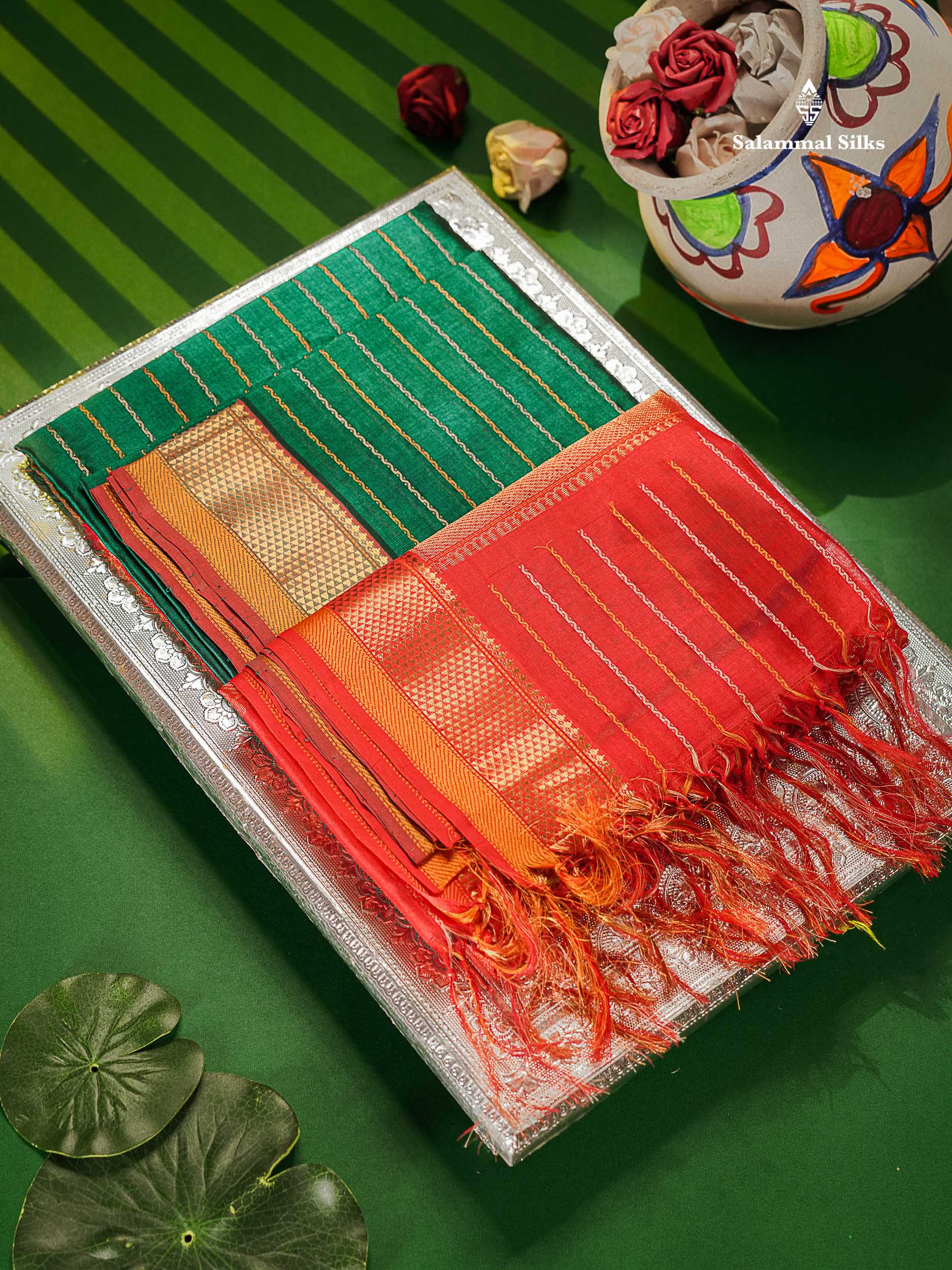 Pure Silk Cotton Saree - Peacock Green Colour Body Thread Work With Traditional Border