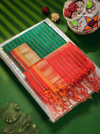 Pure Silk Cotton Saree - Peacock Green Colour Body Thread Work With Traditional Border