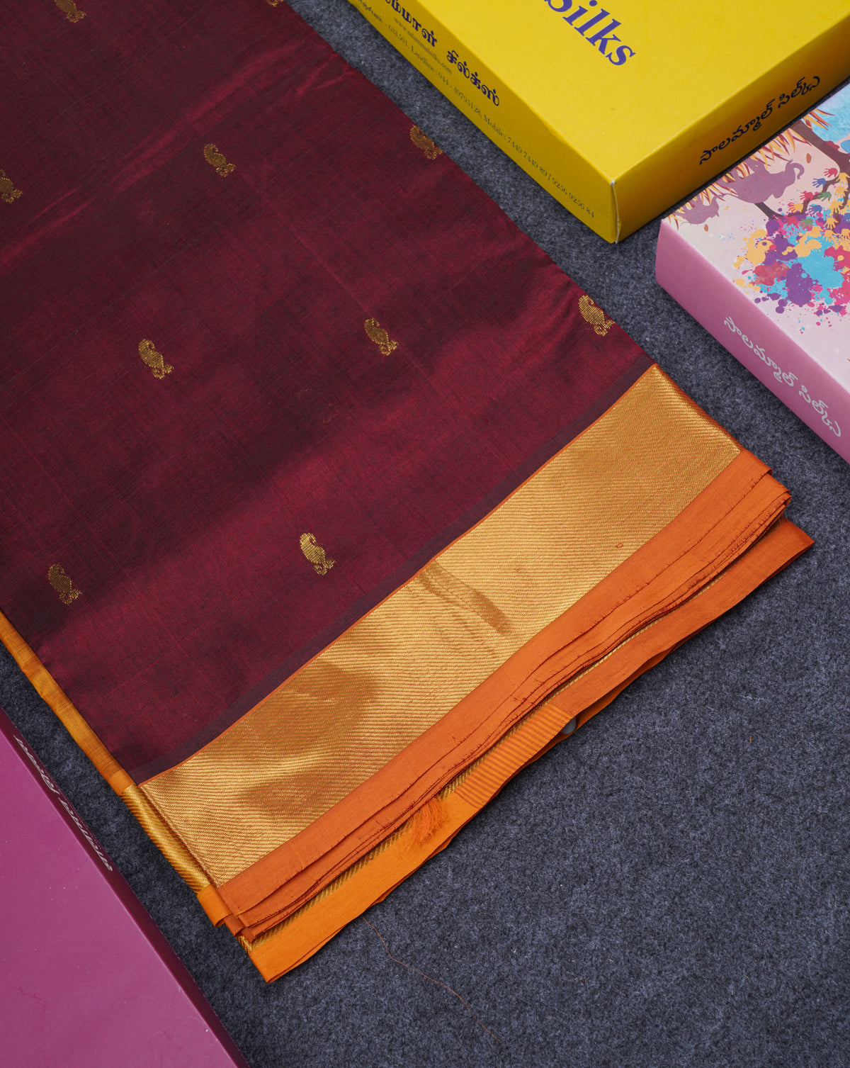 Dark Maroon Pure Silk Cotton Saree With Contrast Mustard Yellow Border