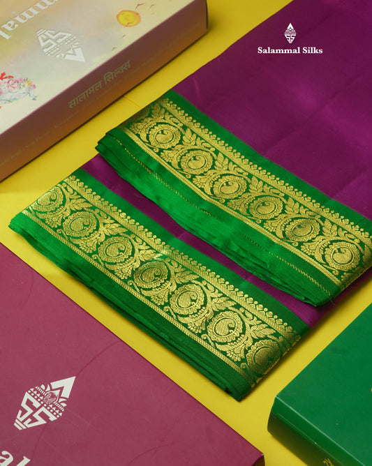 Beautiful Purple 9Yards Pure Silk Saree With (3.7inch) Green Border