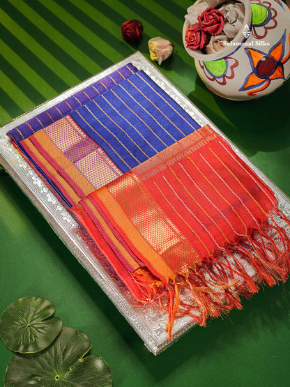 Pure Silk Cotton Saree - Royal Blue Colour Body Thread Work With Traditional Border