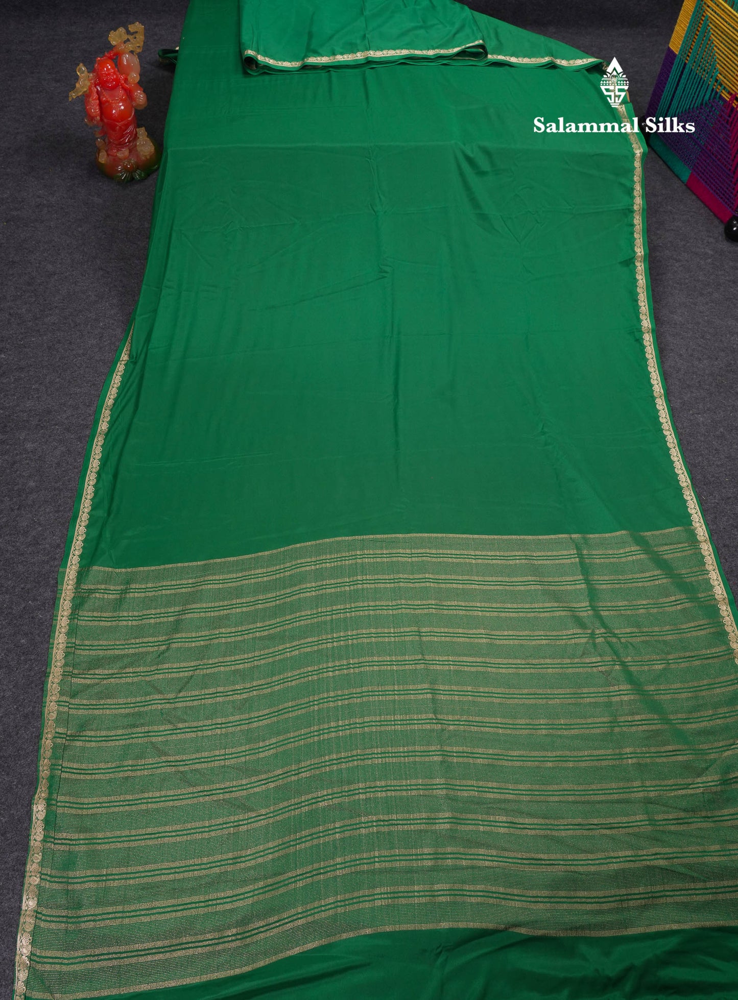 Beautiful Bottle Green Plain Semi Mysore Silk Saree With Small Traditional Zari Border