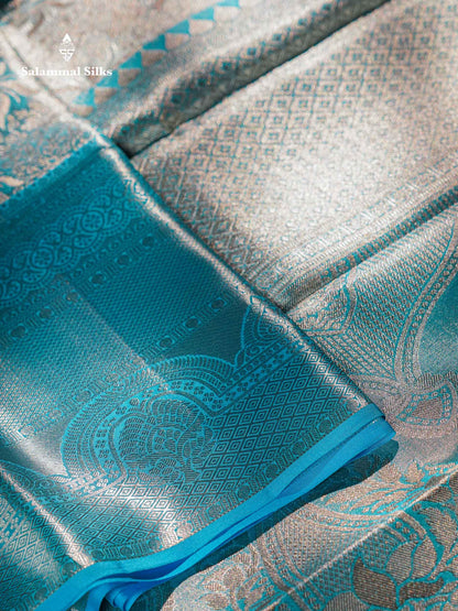 Beautiful Silver Tissue Bridal Pure Kanjivaram Silk Saree With Ccontrast Sky Blue Traditional Evening Morning Border