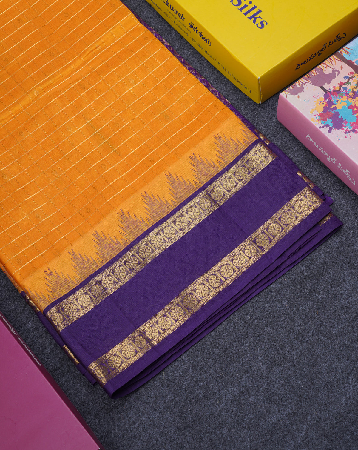 Mustard Yellow Checks With Butta Pure Silk Cotton Saree With Contrast Purple Traditional Rettapet Border
