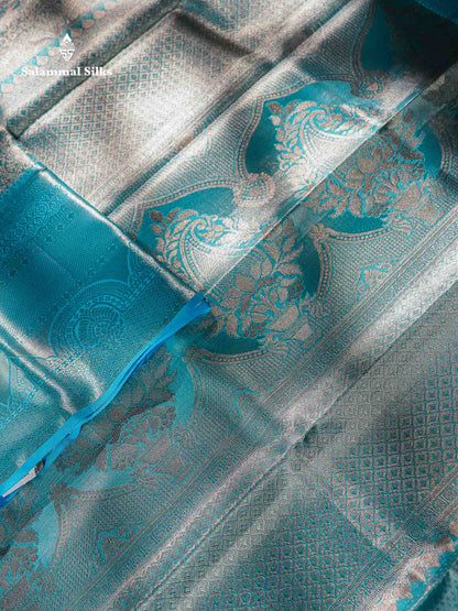 Beautiful Silver Tissue Bridal Pure Kanjivaram Silk Saree With Ccontrast Sky Blue Traditional Evening Morning Border