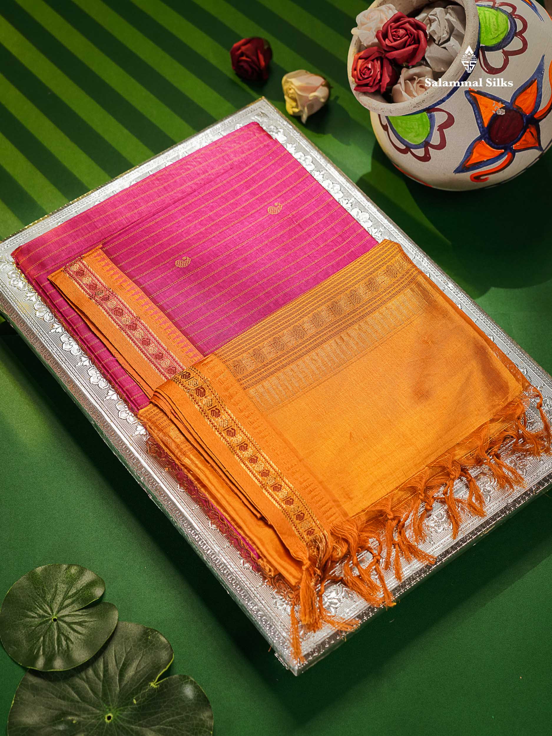 Pure Silk Cotton Saree - Magenta Pink Colour Body Thread Butta With Traditional Border 
