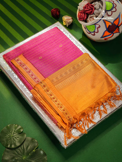 Pure Silk Cotton Saree - Magenta Pink Colour Body Thread Butta With Traditional Border 