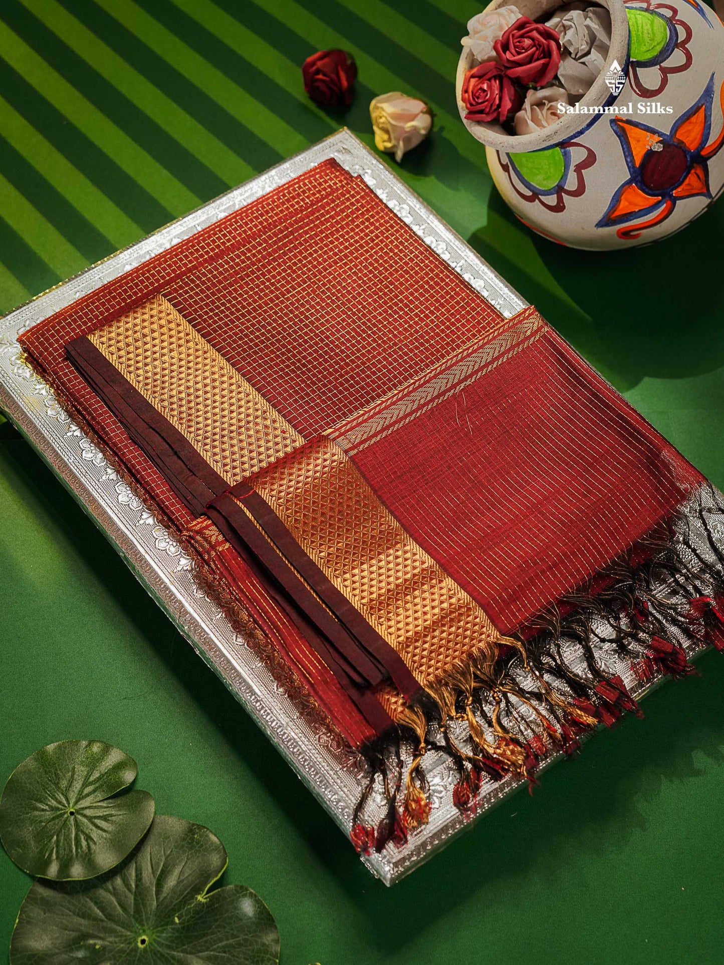 Pure Silk Cotton Saree - Maroon Colour Body Small Zari Checks With Traditional Border