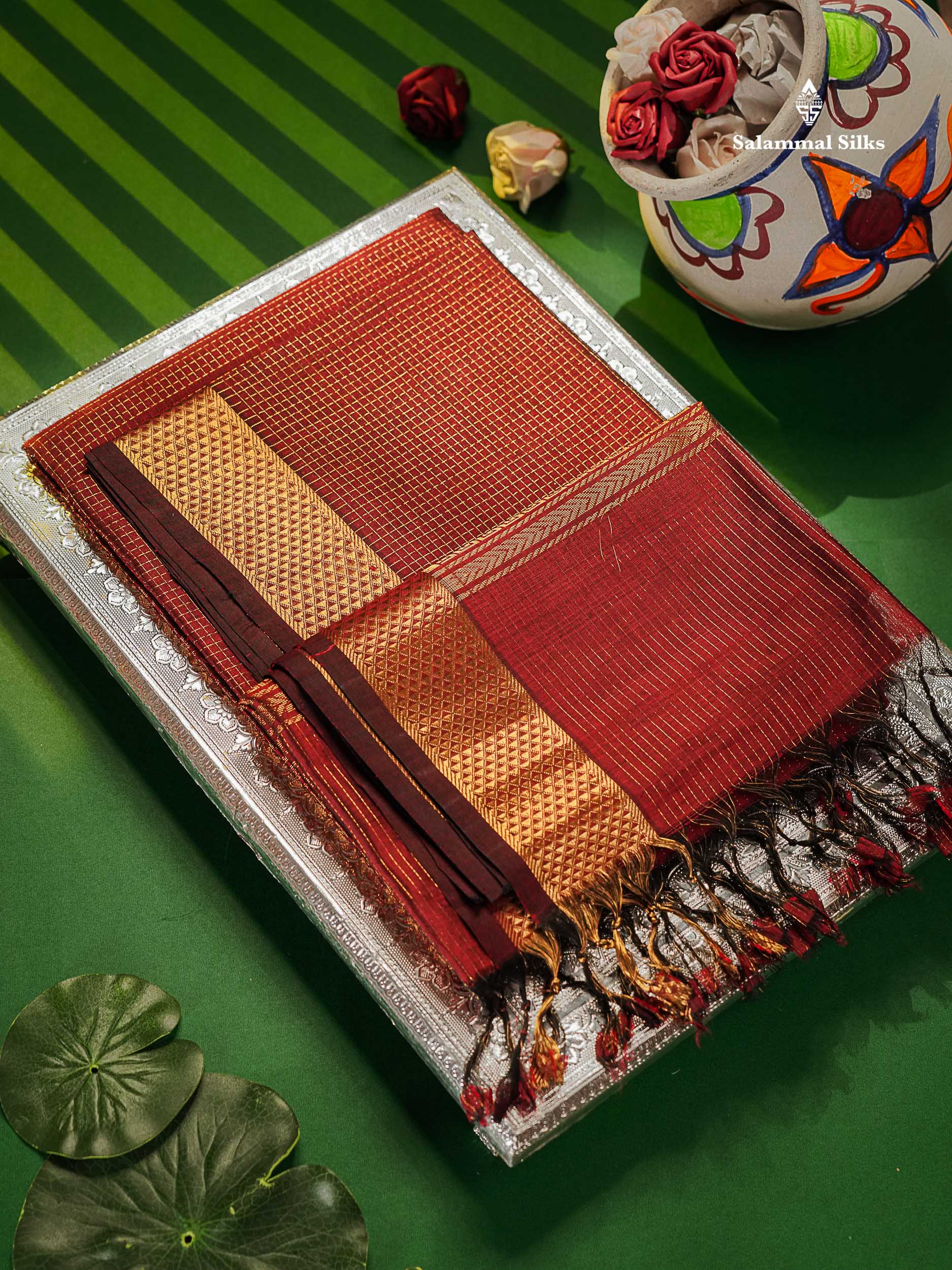 Pure Silk Cotton Saree - Maroon Colour Body Small Zari Checks With Traditional Border