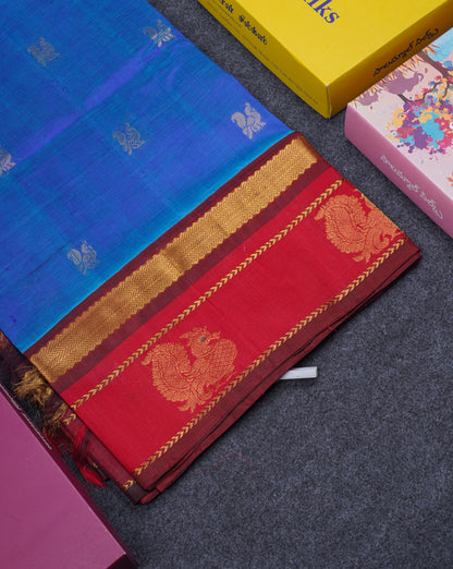 Blue Pure Silk Cotton Saree With Contrast Chilly Red Menakari Work Traditional Border