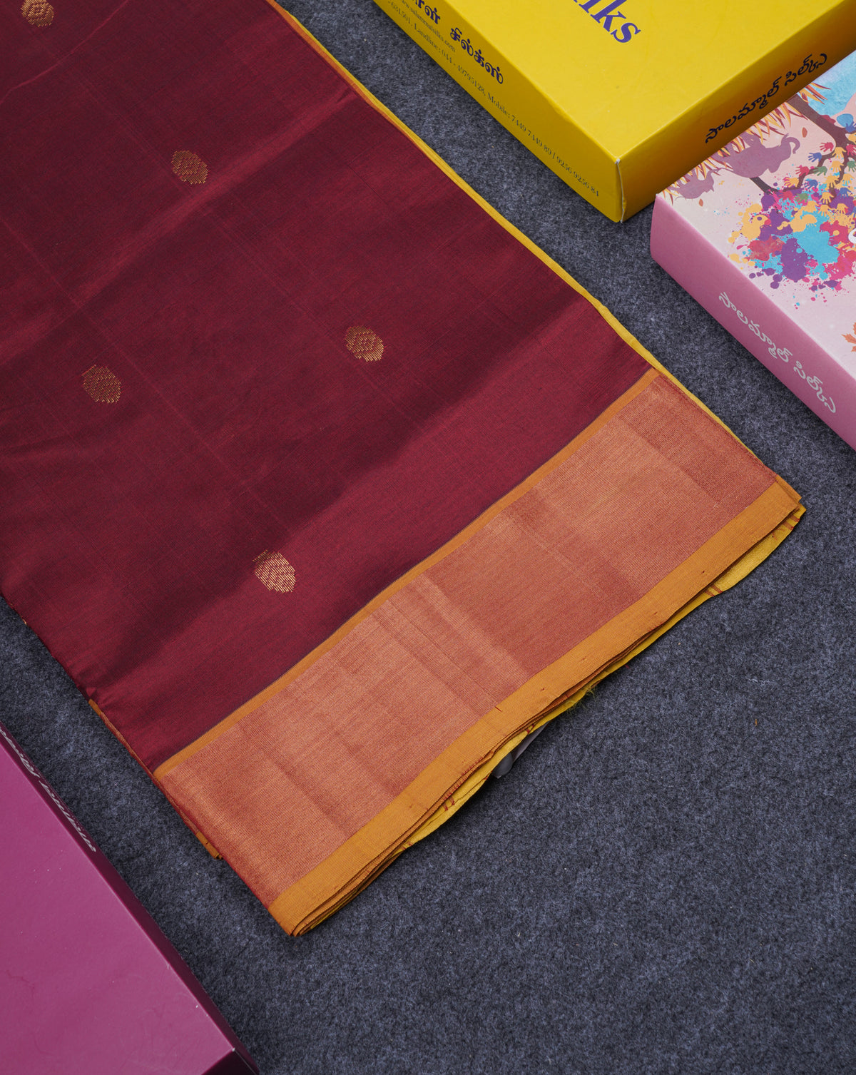 Beautiful Dark Maroon Semi Silk Cotton Saree With Contrast Manthulir Yellow Blouse