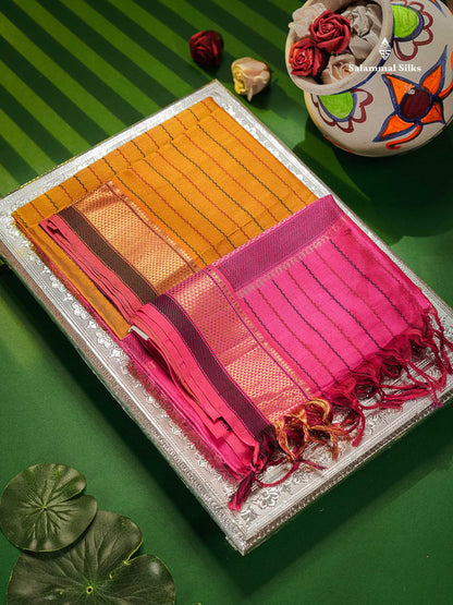 Beautiful Mustard Yellow Thread Work Pure Silk Cotton Saree With Contrast Pink Blouse