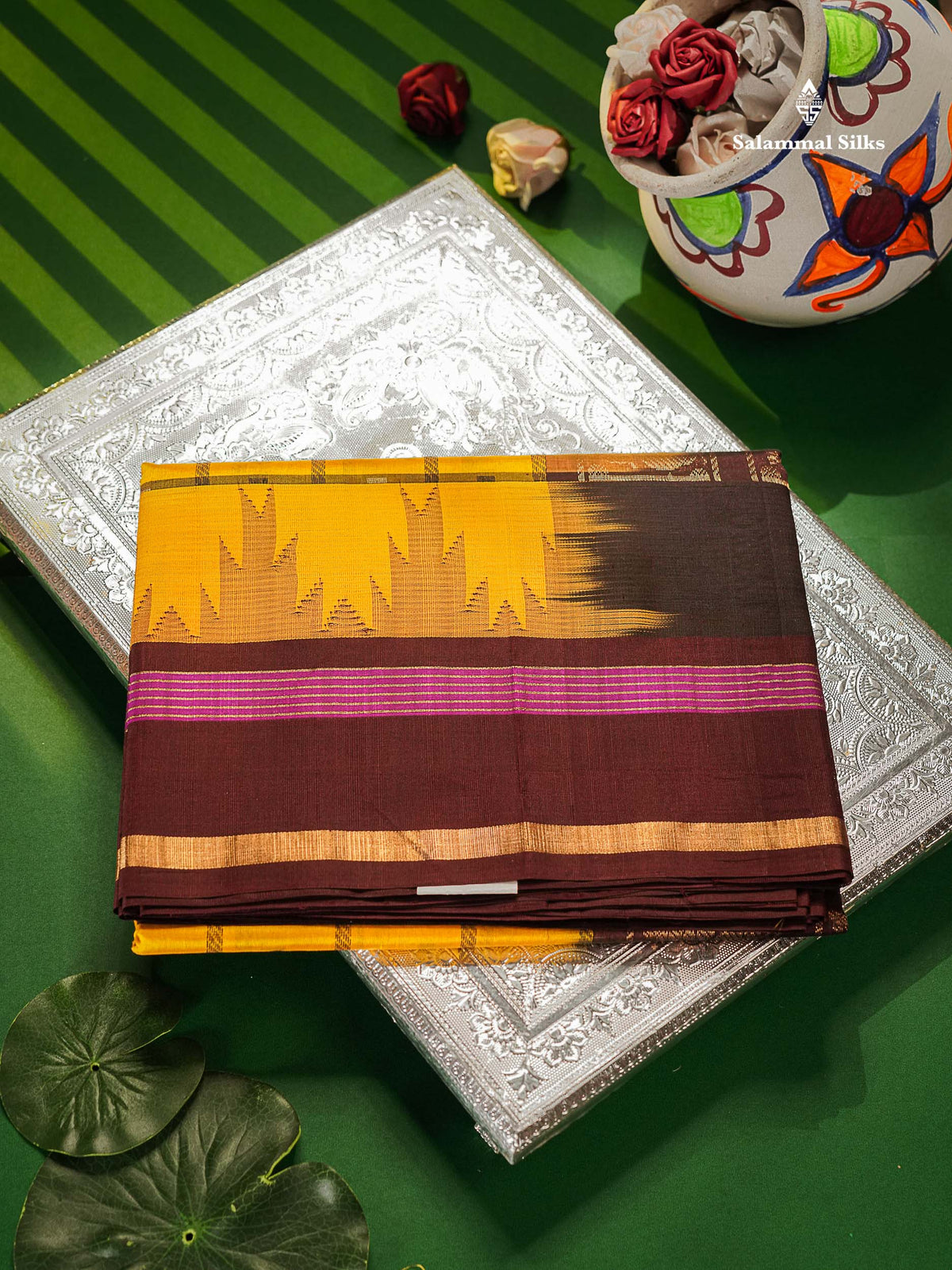 Beautiful Yellow Checks With Butta Pure Silk Cotton Saree With Contrast Dark Brown Traditional Gap Border