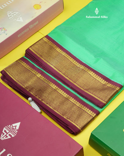 Beautiful Sea Green 9Yards Pure Silk Saree With (3.6inch) Magenta Border
