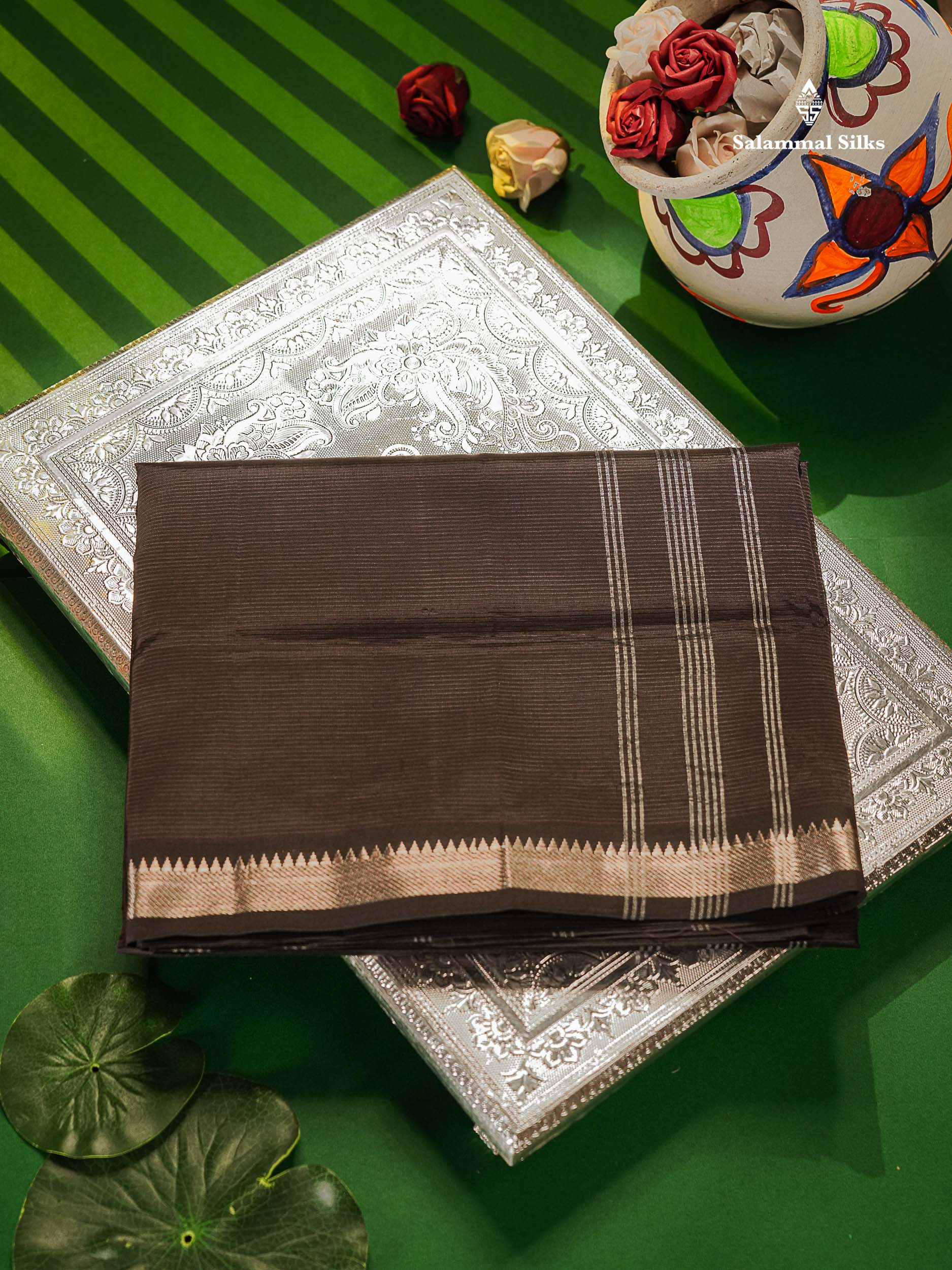 Coffee Brown Semi Silk Cotton Saree With Traditional Border