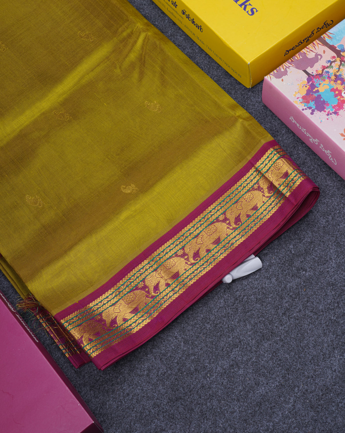 Olive Green Pure Silk Cotton Saree With Contrast Dark Purple Traditional Border