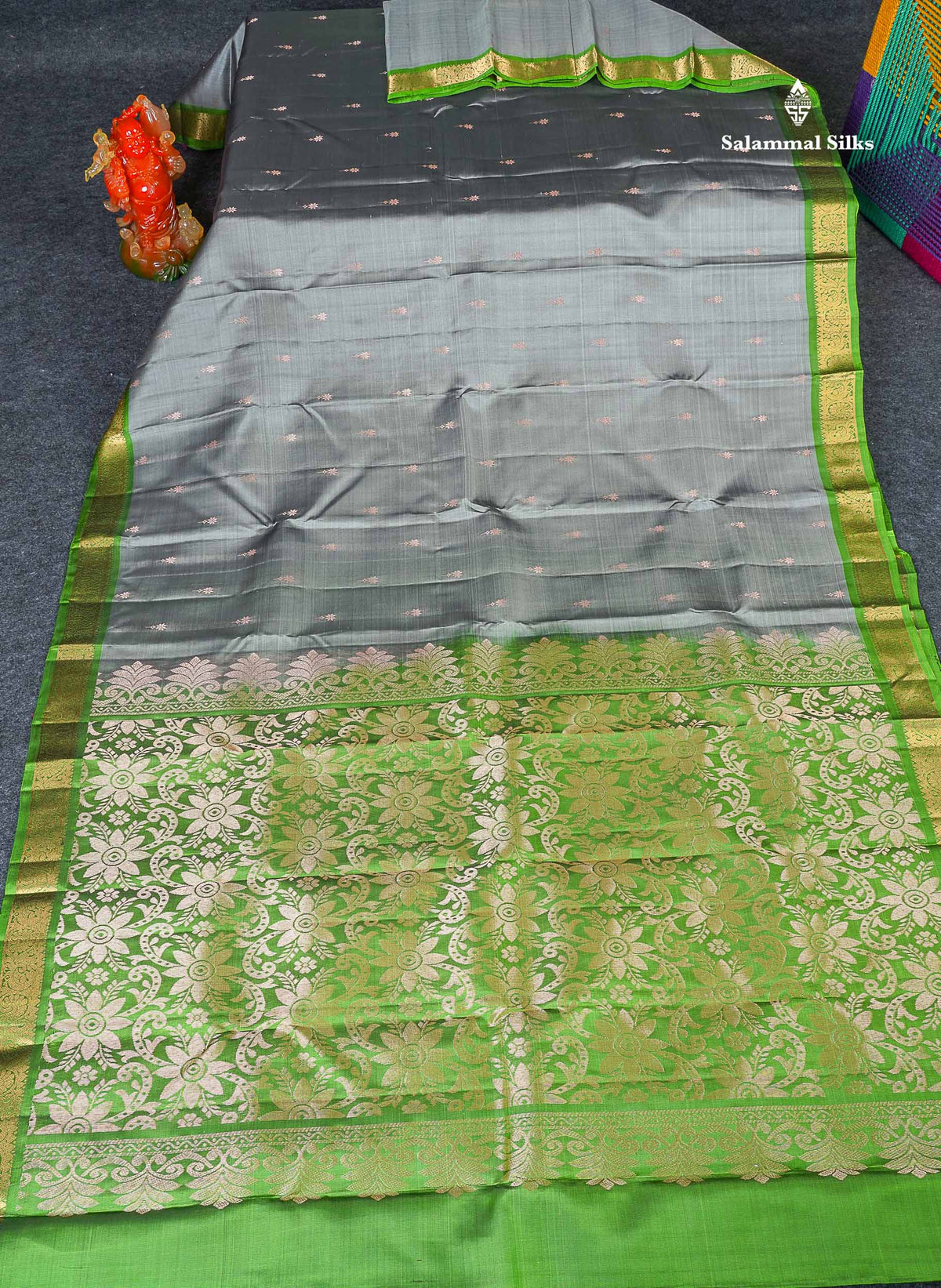 Pure Mix Silk Saree - Light Grey Colour Body Zari Butta With Light Green Small Border 