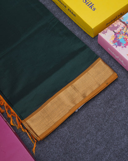 Beautiful Bottle Green Plain Semi Silk Cotton Saree With Contrast Mustard Yellow Blouse