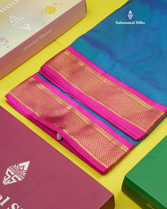 Beautiful Dual Tone Peacock Blue 9Yards Pure Silk Saree With (3.6 inch) Pink Border