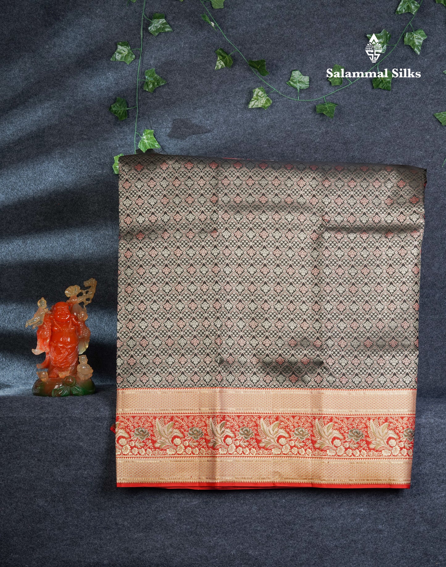 Pure Silk Pattu Pavadai (Black) With Contrast Chilly Red Designer Blouse 45"