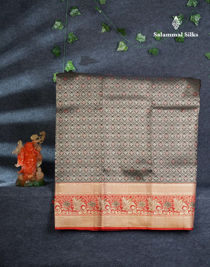 Pure Silk Pattu Pavadai (Black) With Contrast Chilly Red Designer Blouse 45"