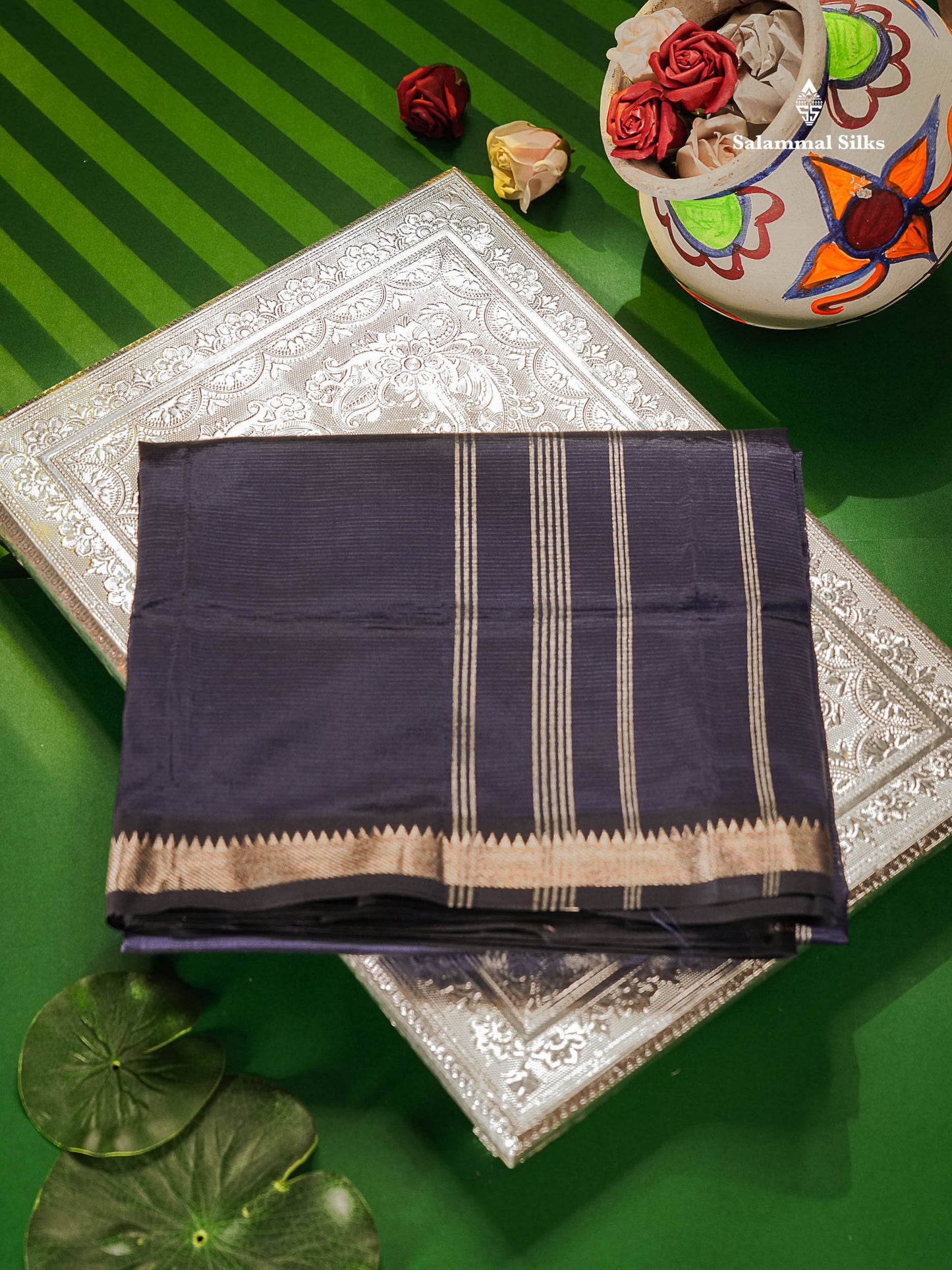 Navy Blue Semi Silk Cotton Saree With Traditional Border