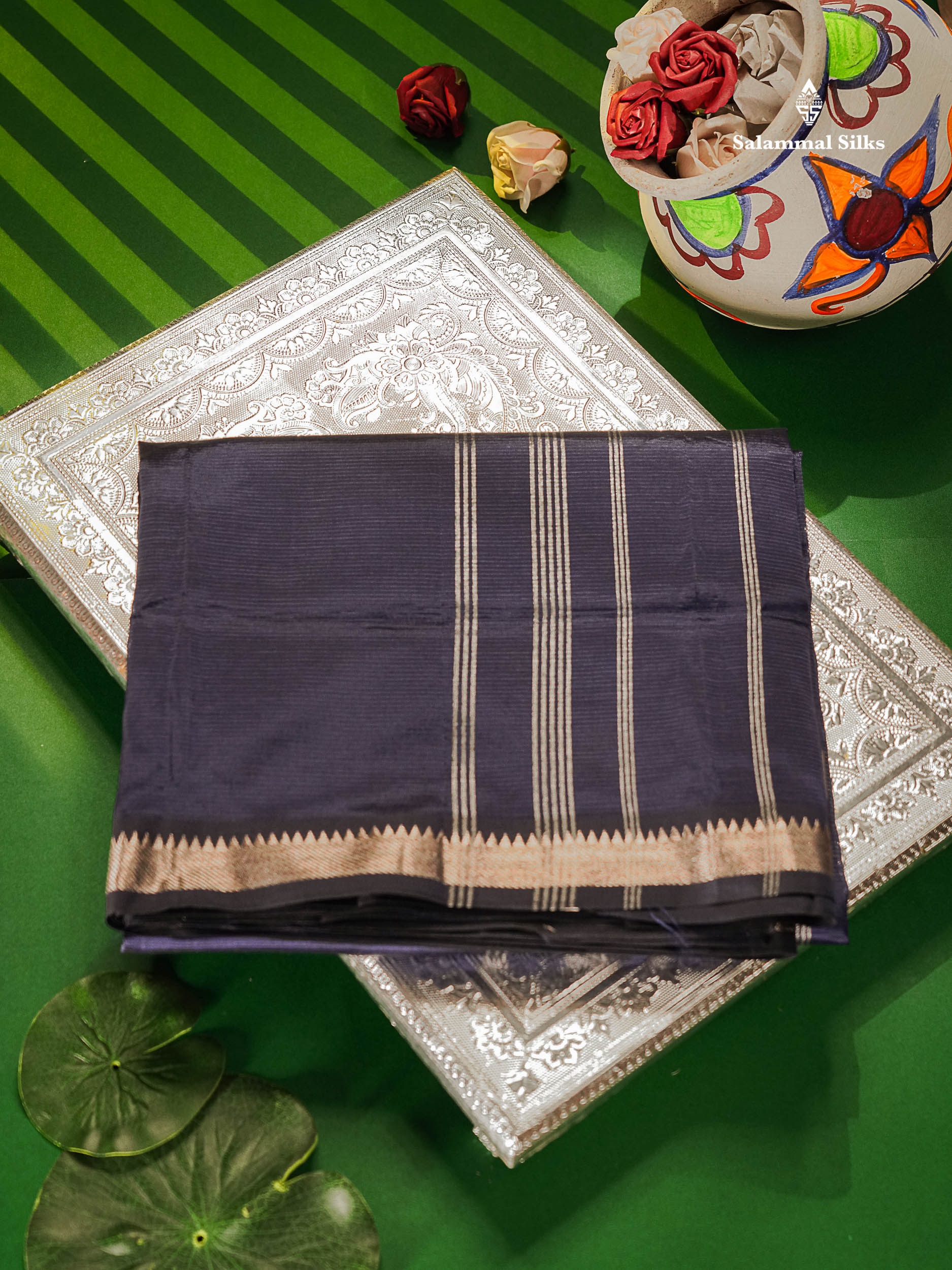 Navy Blue Semi Silk Cotton Saree With Traditional Border