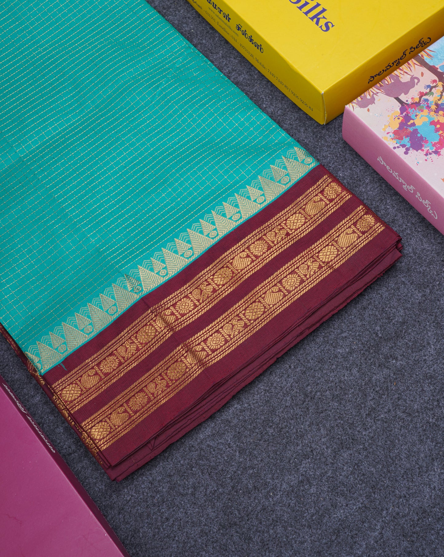 Sapphire Green Zari Small Checks Pure Silk Cotton Saree With Contrast Dark Brown Traditional Border
