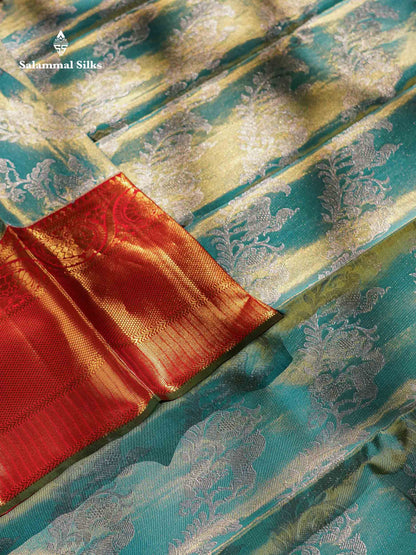 Beautiful Rexona Green Tissue Pure Kanjivaram Silk Saree With Contrast Red Border