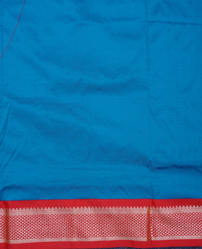 11 Yards Semi Silk Saree Dual Tone Peacock Blue with Contrast Maroon Traditional Border