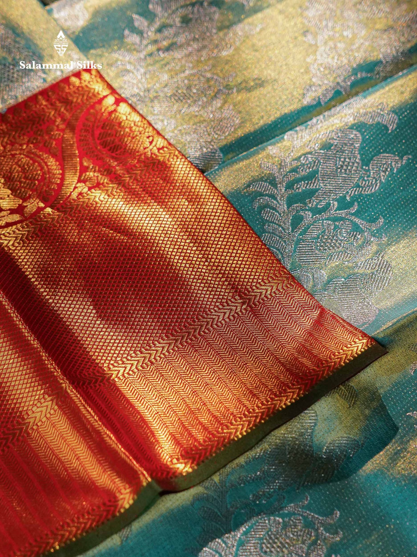 Beautiful Rexona Green Tissue Pure Kanjivaram Silk Saree With Contrast Red Border