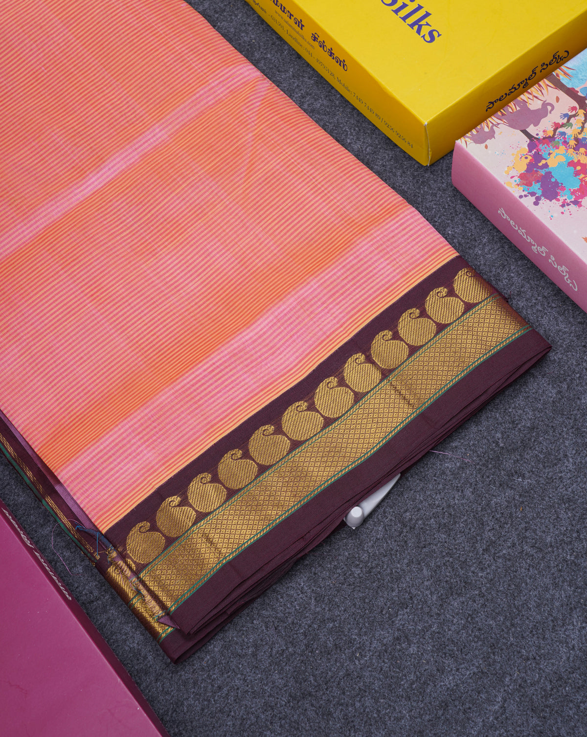 Peach Pure Silk Cotton Saree With Contrast Dark Brown Traditional Border