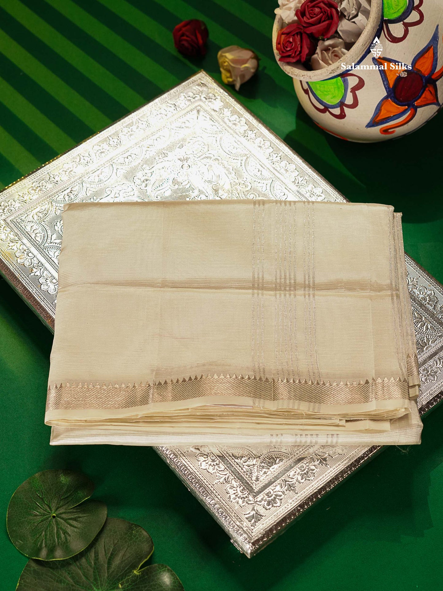 Half White Semi Silk Cotton Saree With Traditional Border