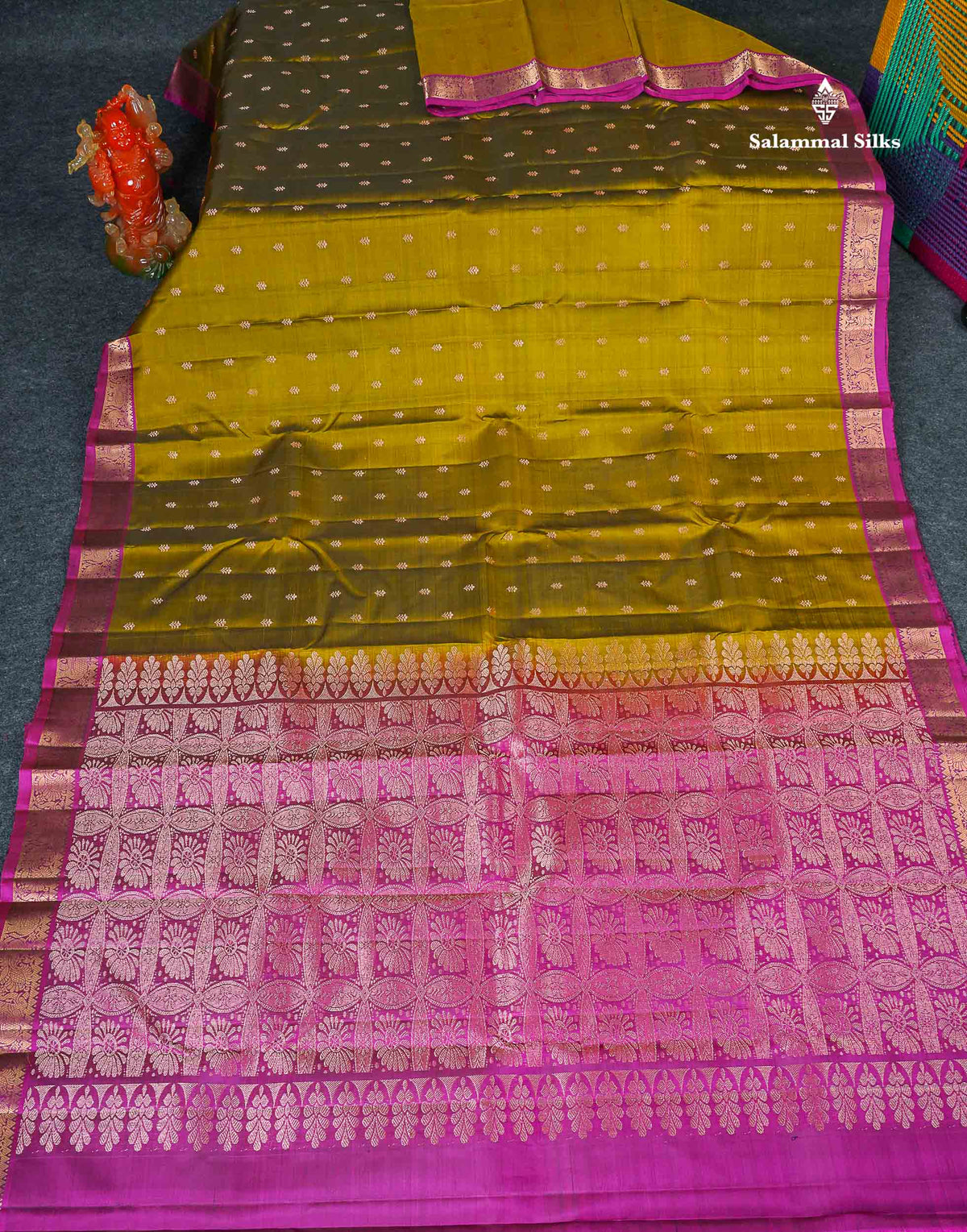Pure Mix Silk Saree - Olive Green Colour Body Zari Butta With Contrast Magenta Small Border 