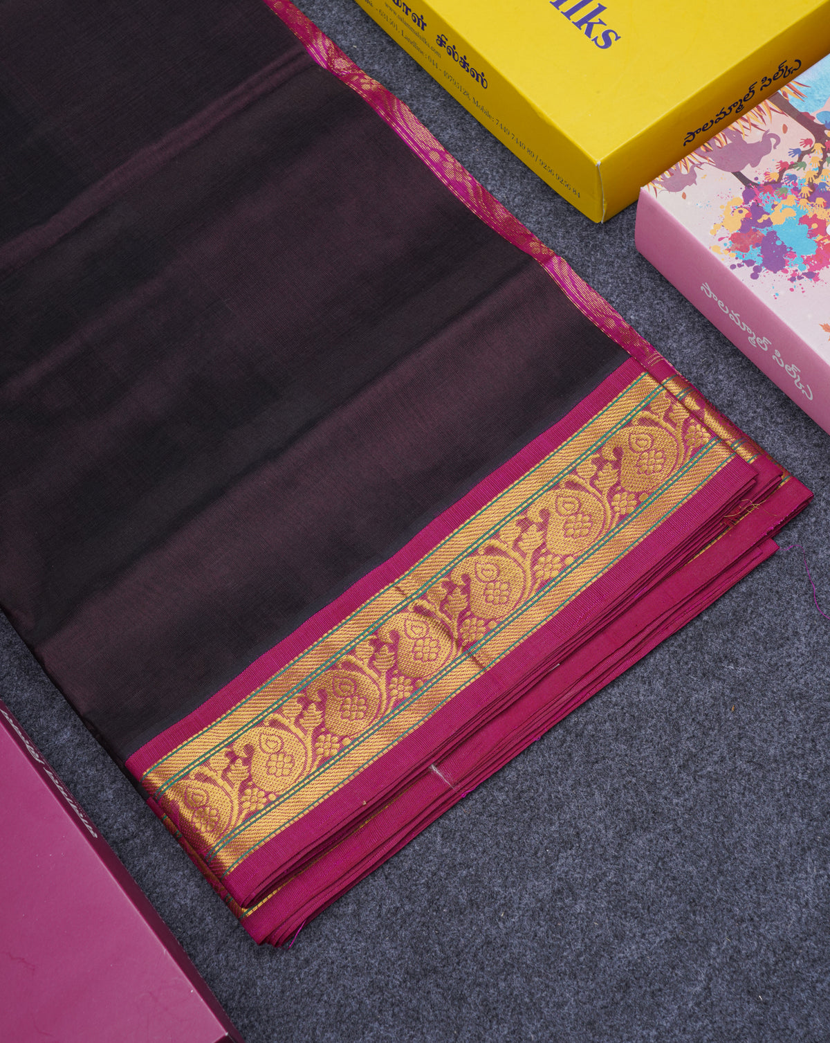 Dark Brown Plain Pure Silk Cotton Saree With Contrast Magenta Pink Traditional Border