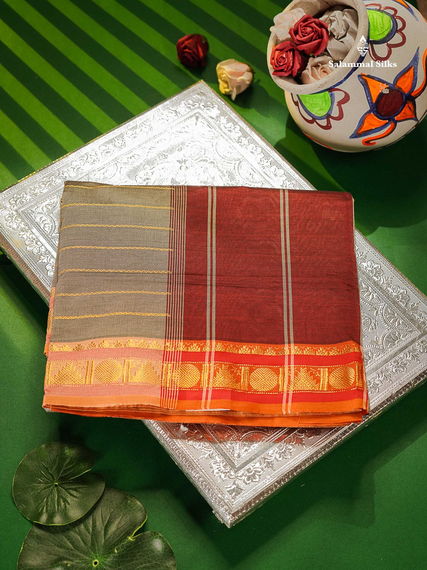 Light Grey Semi Silk Cotton Saree With Maroon Blouse