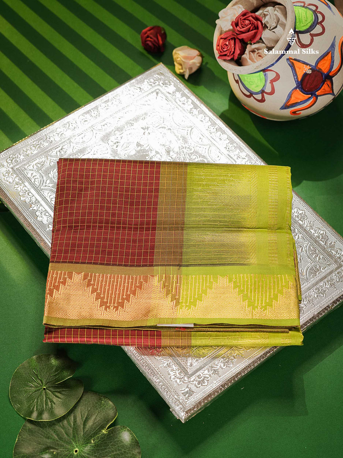 Beautiful Dark Maroon Small Checks Semi Silk Cotton Saree With Contrast Parrot Green Blouse