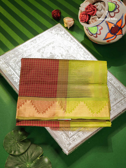 Beautiful Dark Maroon Small Checks Semi Silk Cotton Saree With Contrast Parrot Green Blouse