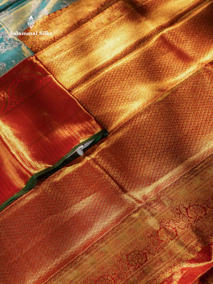 Beautiful Rexona Green Tissue Pure Kanjivaram Silk Saree With Contrast Red Border