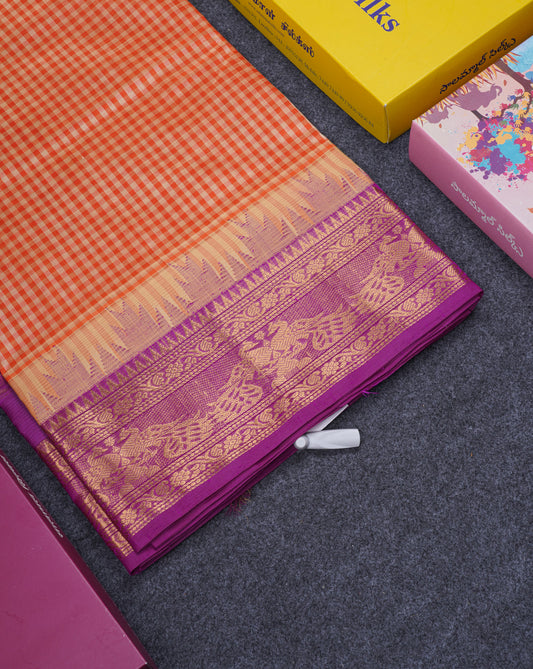 Orange & Beige Tiny Checks Pure Silk Cotton Saree With Contrast Purple Traditional Evening Morning Border