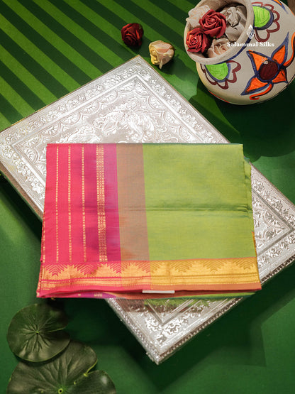 Beautiful Rexona Green Plain Semi Silk Cotton Saree With Contrast Magenta Pink Blouse