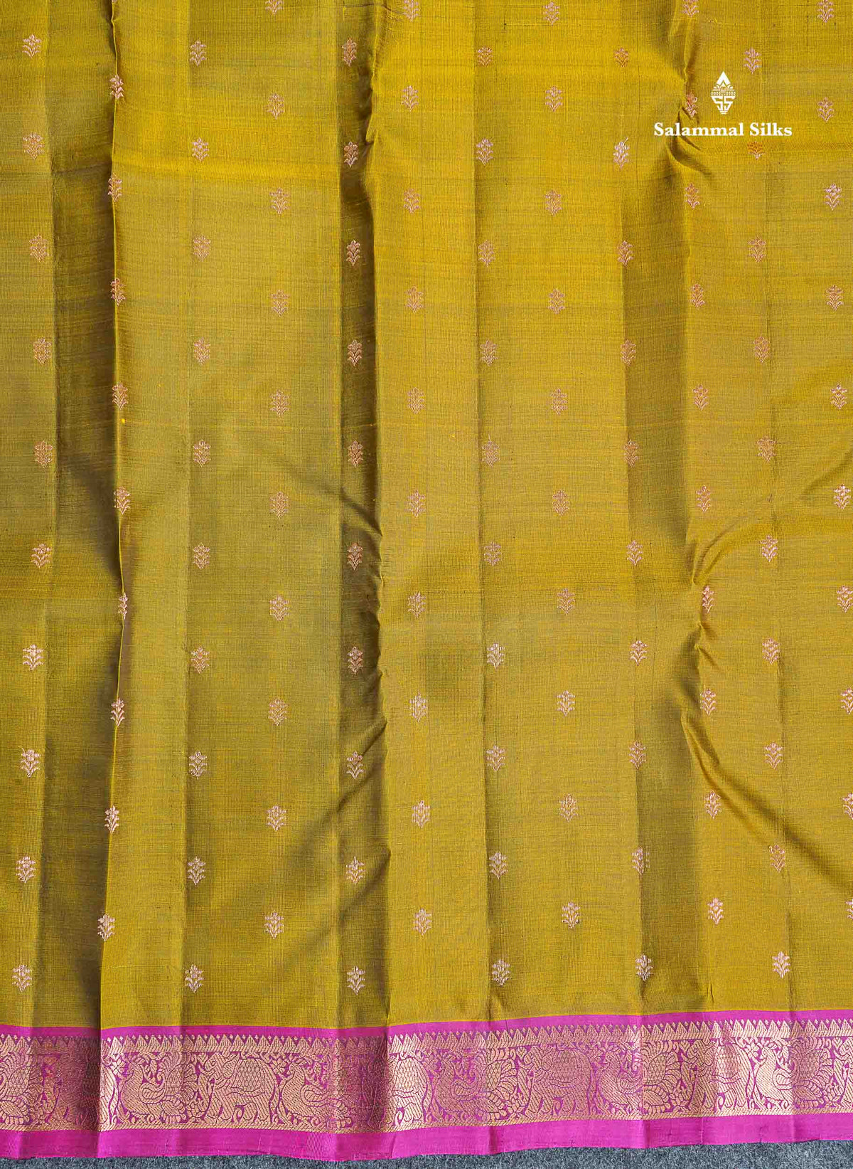 Pure Mix Silk Saree - Olive Green Colour Body Zari Butta With Contrast Magenta Small Border