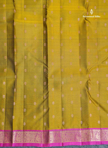 Pure Mix Silk Saree - Olive Green Colour Body Zari Butta With Contrast Magenta Small Border