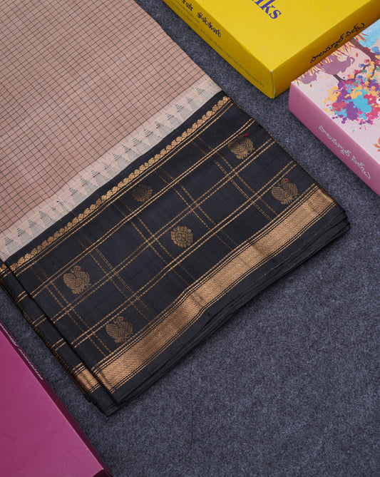 Light Chocolate Small Checks Pure Silk Cotton Saree With Contrast Black Traditional Evening Morning Border