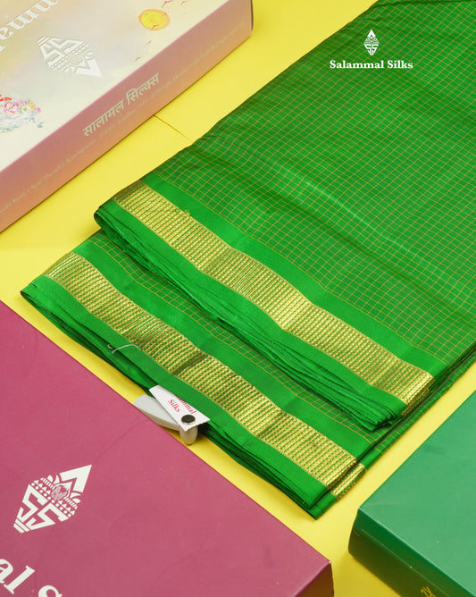 10 Yards Pure Silk Saree Tiny Zari Checks Green with Small Border